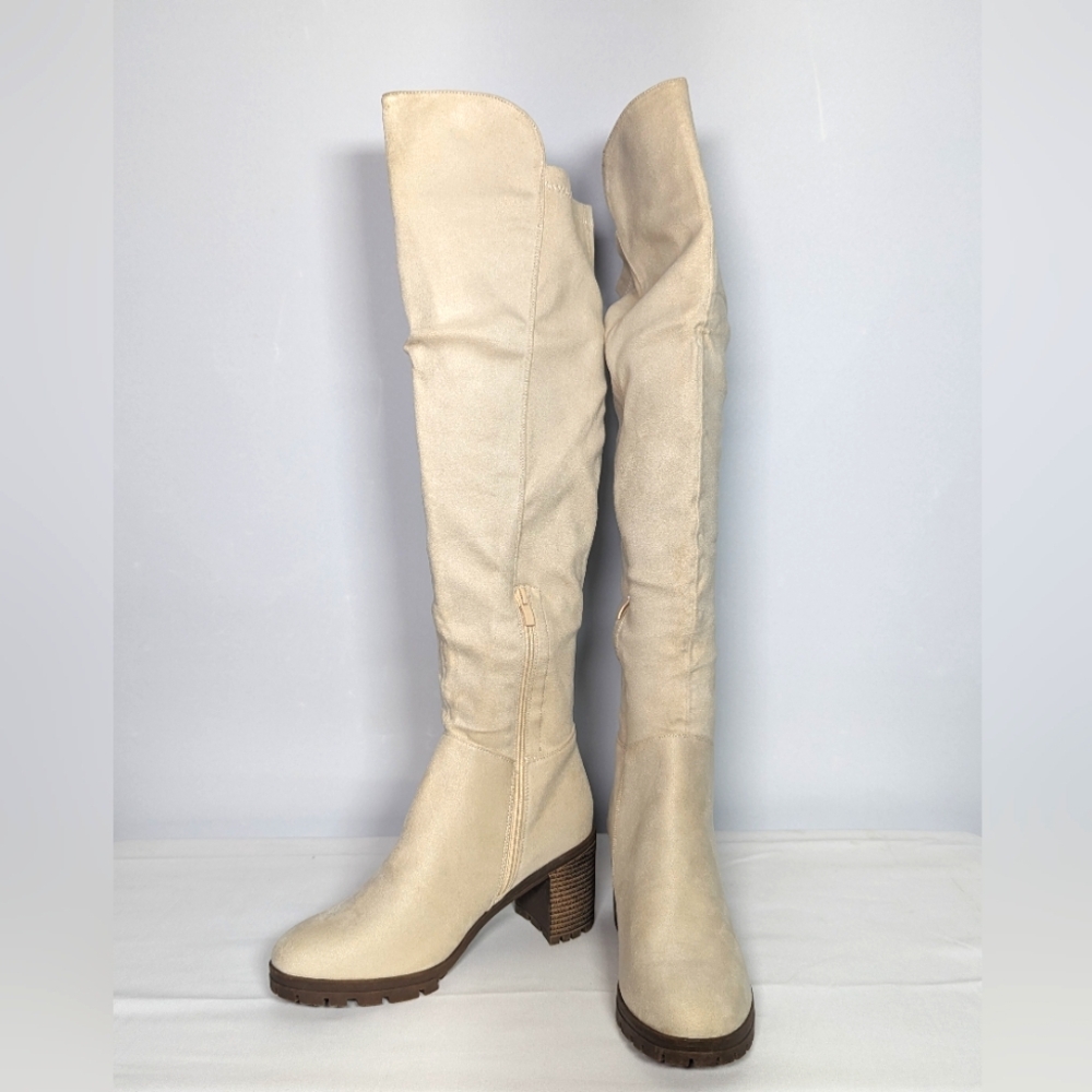 NEW Coutgo Womens Faux Suede Over Knee High Block Winter Style boot Sz 8.5 cream